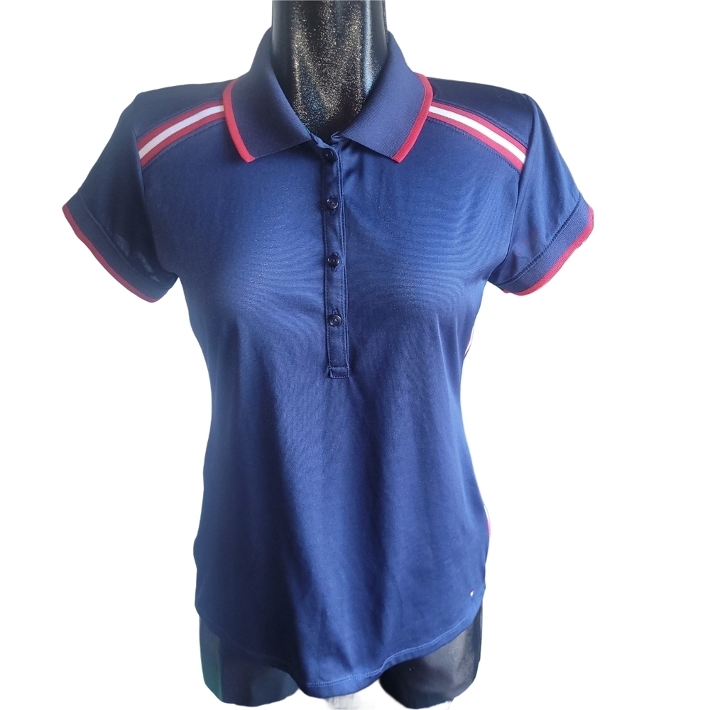 Tommy Hilfiger Golf Navy Blue Polo Shirt with Red and White Accents L